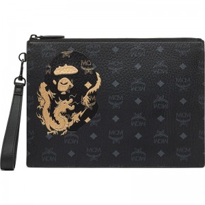 Men Bape X Mcm Flat Pouch Bags Black USA | FO6355235