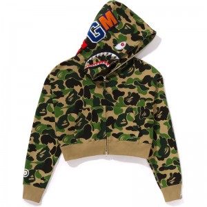 Women Bape Abc Camo Crystal Stone Shark Cropped Full Zip Hoodie Hoodie Green USA | TV9008808