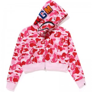 Women Bape Abc Camo Crystal Stone Shark Cropped Full Zip Hoodie Hoodie Pink USA | WS1695665