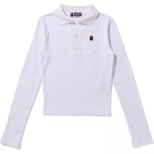 Women Bape Ape Head One Point Rib L/S Polo T Shirts White USA | HK5645165