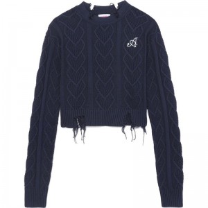 Women Bape Apee Distressed Cable Knit Top With Slit Back Knitwear Navy USA | YI3384234