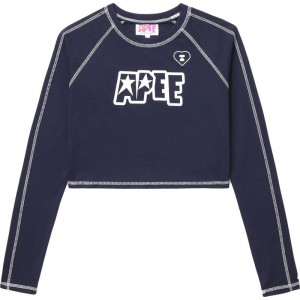 Women Bape Apee Graphic Long Sleeve Raglan Top T Shirts Navy USA | UQ1862682