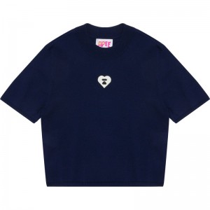 Women Bape Apee Turtleneck Short Sleeves Knit Top Knitwear Navy USA | WH0119119