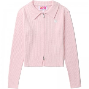 Women Bape Apee Two Tone Ribbed Knit Cardigan T Shirts Pink USA | FZ6133913