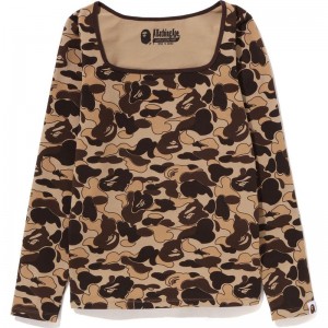 Women Bape Cookie Camo 2 L/S Tee T Shirts Brown USA | KW2780470