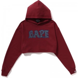 Women Bape Crystal Stone Cropped Pullover Hoodie Hoodie Burgundy USA | SK3924094