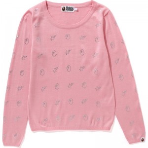 Women Bape Crystal Stone Knit Sweater Knitwear Pink USA | BE3031601