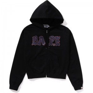 Women Bape Crystal Stone Zip Hoodie Hoodie Black USA | CA9002702