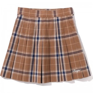 Women Bape Embroidery Check Pleated Skirt Dress Beige USA | WT4827487