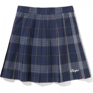 Women Bape Embroidery Check Pleated Skirt Dress Navy USA | SR1207327