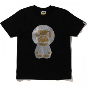 Women Bape Glitter Big Baby Milo Tee T Shirts Black USA | GP0973693