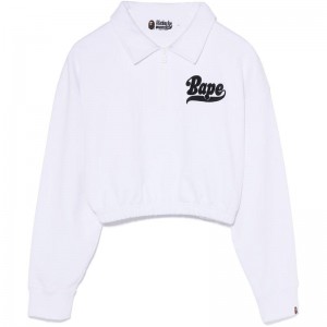 Women Bape Half Zip Cropped Crewneck Sweatshirts White USA | QS6982692