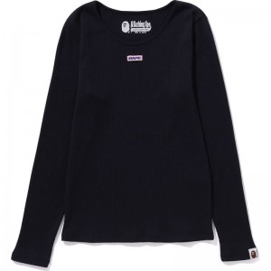 Women Bape Label Rib L/S Tee T Shirts Navy USA | IQ6614964