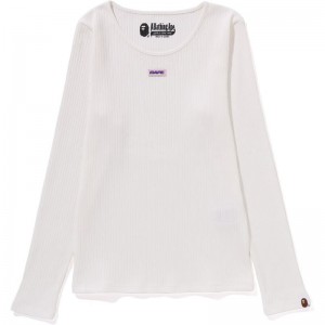 Women Bape Label Rib L/S Tee T Shirts White USA | GG5938298