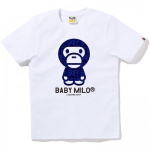 Women Bape Logo Monogram Baby Milo Tee T Shirts White Navy USA | QY7739579