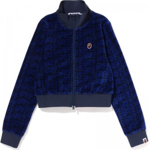 Women Bape Logo Monogram Velour Cropped Track Top Sweatshirts Navy USA | FF6547357