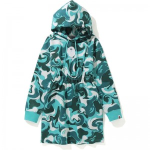 Women Bape Marble Camo Shirred Waist Pullover Hoodie Onepiece Hoodie Green USA | BH3249629