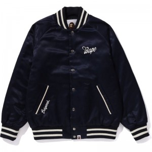 Women Bape Satin Varsity Jacket Jackets Navy USA | UC8037207