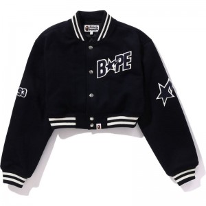 Women Bape Sta Cropped Varsity Jacket Jackets Navy USA | CZ7851981