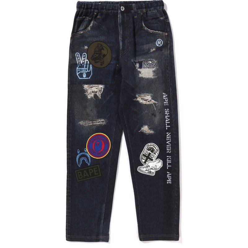 Kids\' Bape Emblem Denim Print Sweat Pants Jr Pants Navy USA | OW2800480