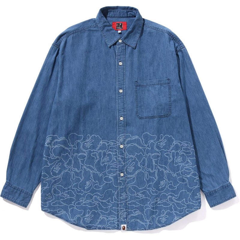 Men Bape 30th Anniv. Denim Shirt Relaxed Fit Shirts Light Indigo USA | AA3385735