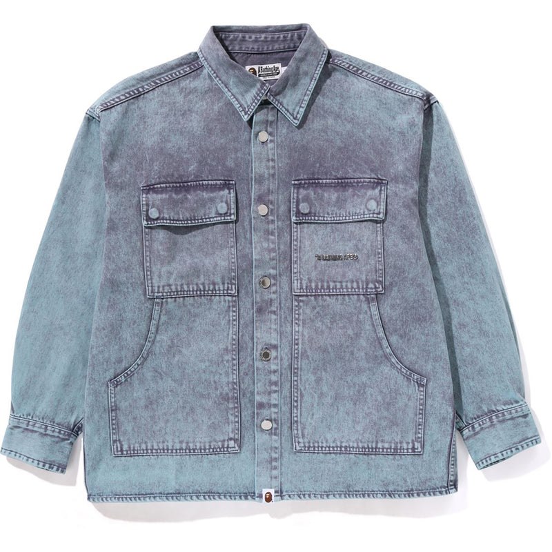 Men Bape Acid Wash Work Shirt Shirts Light Indigo USA | FU2678868