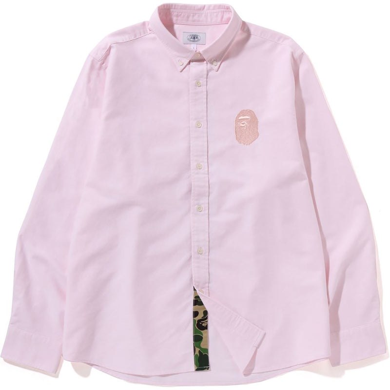 Men Bape Ape Head Embroidery Oxford Shirt Relaxed Fit Shirts Pink USA | SA2063203