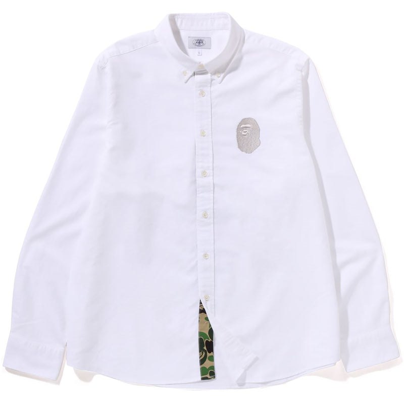 Men Bape Ape Head Embroidery Oxford Shirt Relaxed Fit Shirts White USA | BZ2572652