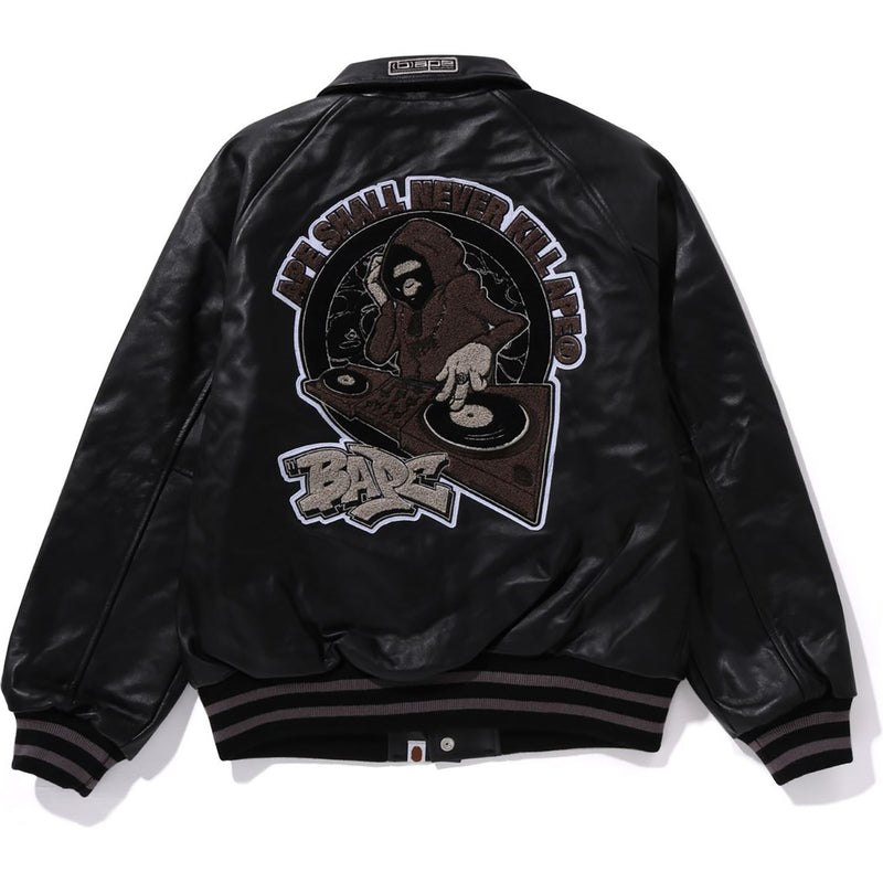 Men Bape (B)Ape Leather Varsity Jacket Jackets Black USA | RQ1614564