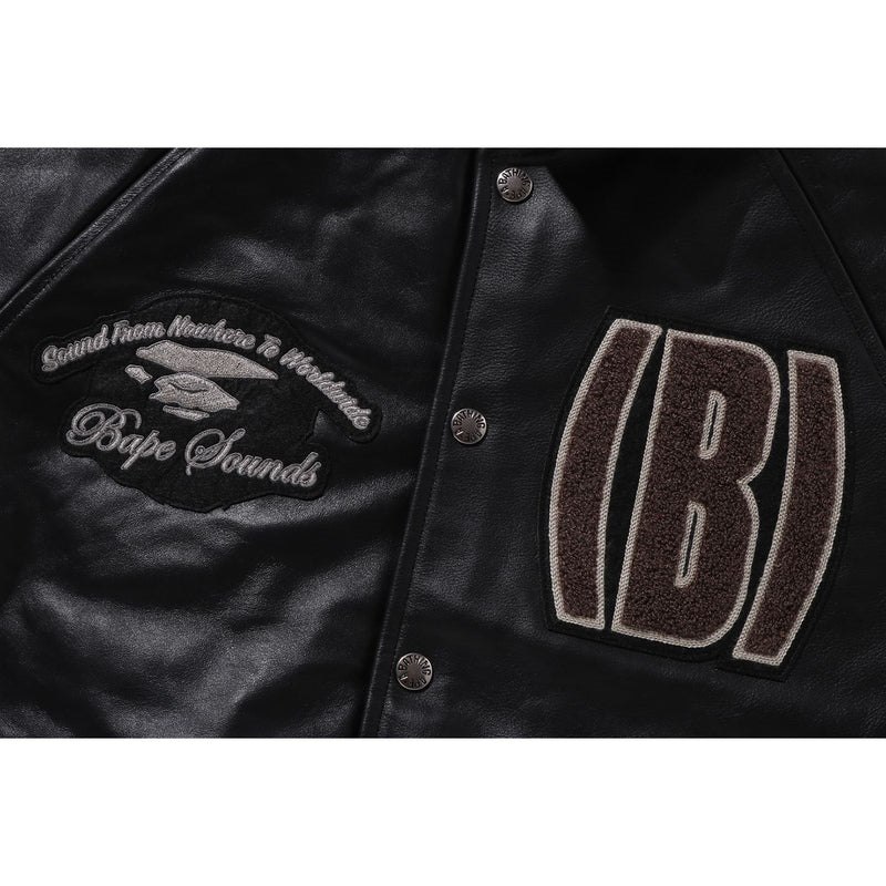 Men Bape (B)Ape Leather Varsity Jacket Jackets Black USA | RQ1614564