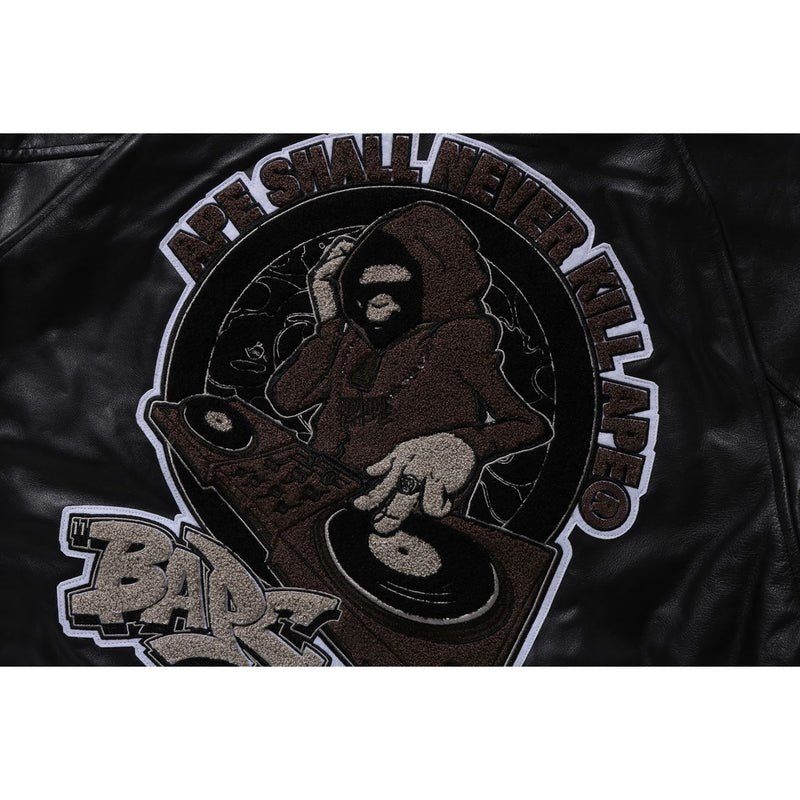 Men Bape (B)Ape Leather Varsity Jacket Jackets Black USA | RQ1614564