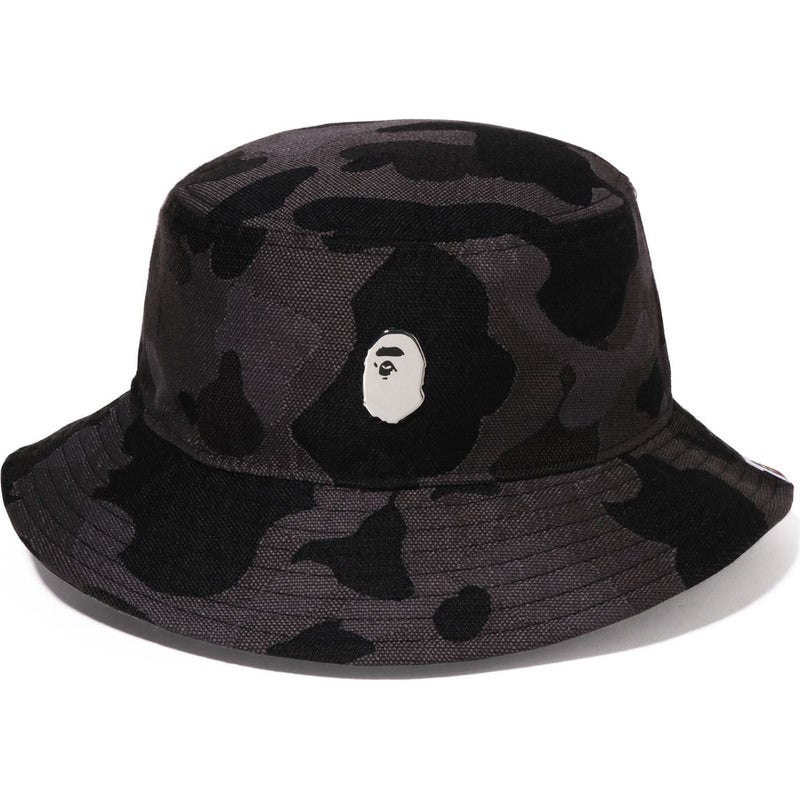 Men Bape Camo One Point Metal Logo Pin Bucket Hat Caps Black USA | WW2288828