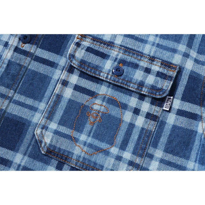 Men Bape Check Denim Shirt Shirts Indigo USA | DN1987697