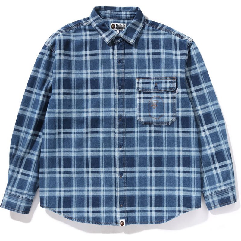 Men Bape Check Denim Shirt Shirts Indigo USA | DN1987697