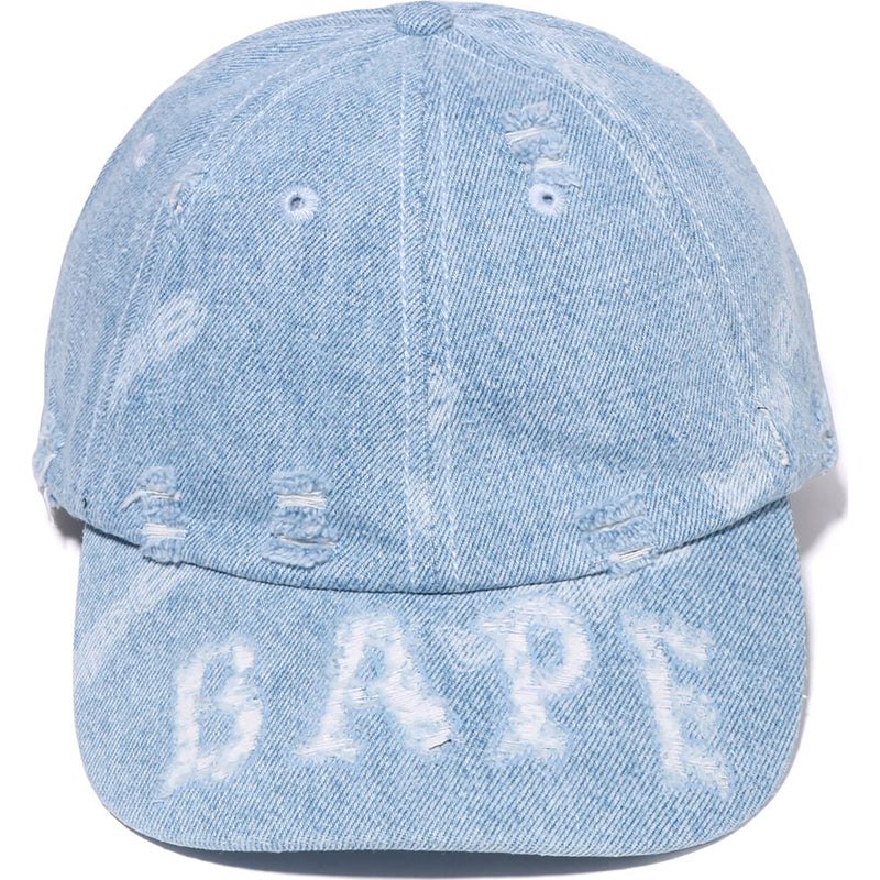 Men Bape Denim Distressed Logo Cap Caps Light Indigo USA | BL0376536