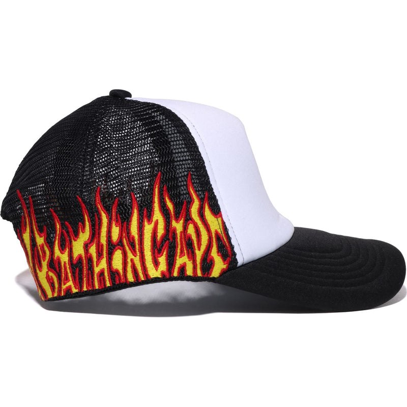 Men Bape Embroidery Fire Logo Trucker Cap Caps Black USA | HK6947997