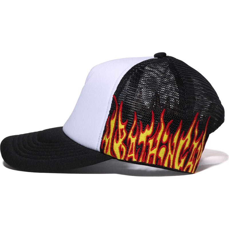 Men Bape Embroidery Fire Logo Trucker Cap Caps Black USA | HK6947997