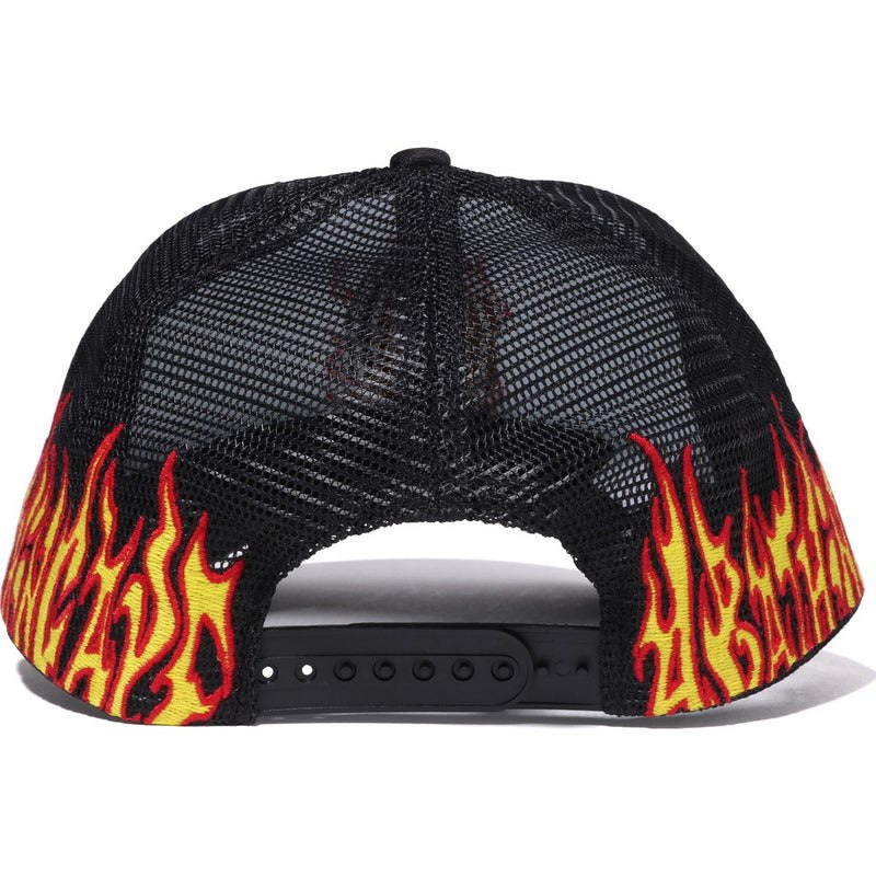 Men Bape Embroidery Fire Logo Trucker Cap Caps Black USA | HK6947997