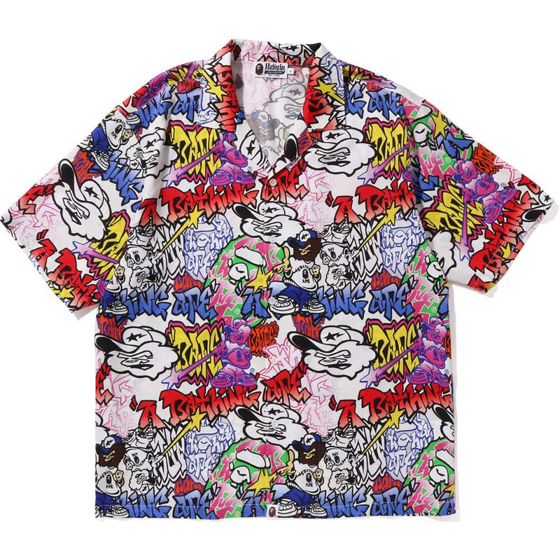 Men Bape Graffiti Pattern Hawaiian Shirt Shirts Multicolor USA | FO1073903