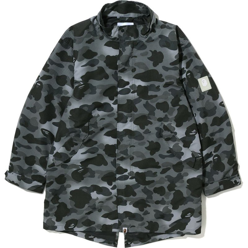 Men Bape Grid Camo Relaxed Fit Fish Tail Coat Jackets Black USA | HQ9155415