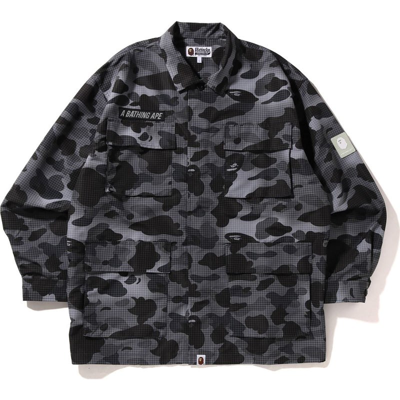 Men Bape Grid Camo Relaxed Fit Military Shirt Shirts Black USA | SC2719279