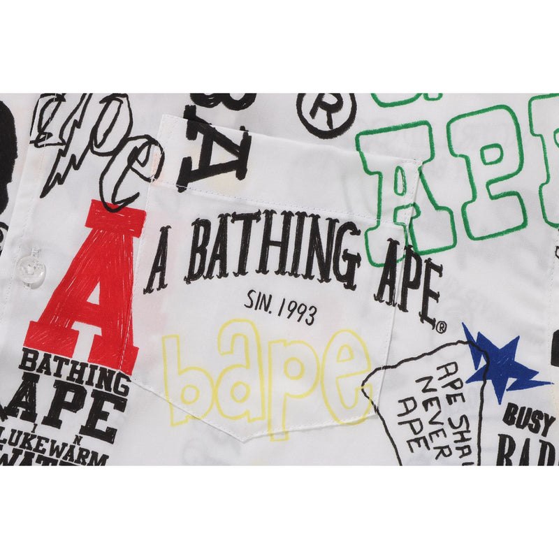 Men Bape Hand Draw Open Collar S/S Shirt Shirts White USA | ZJ6873683