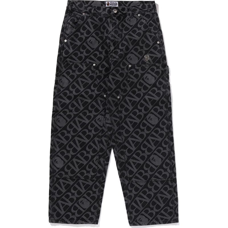 Men Bape Metal One Point Double Knee Denim Work Pants Pants Black USA | FM8838988