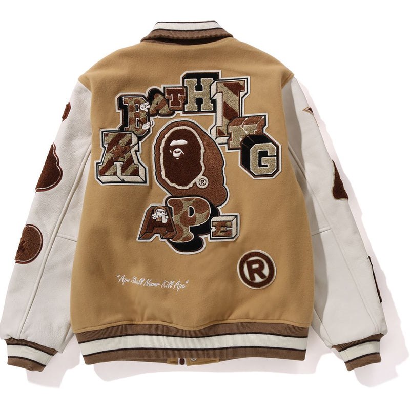 Men Bape Multi Motif Varsity Jacket Jackets Beige USA | ZV9221421