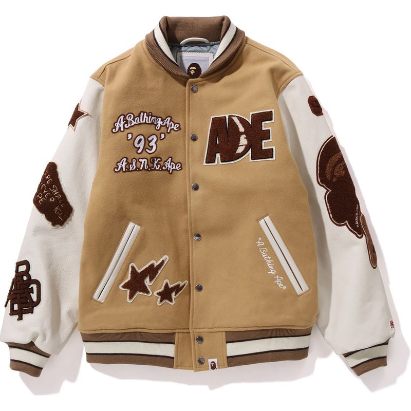 Men Bape Multi Motif Varsity Jacket Jackets Beige USA | ZV9221421