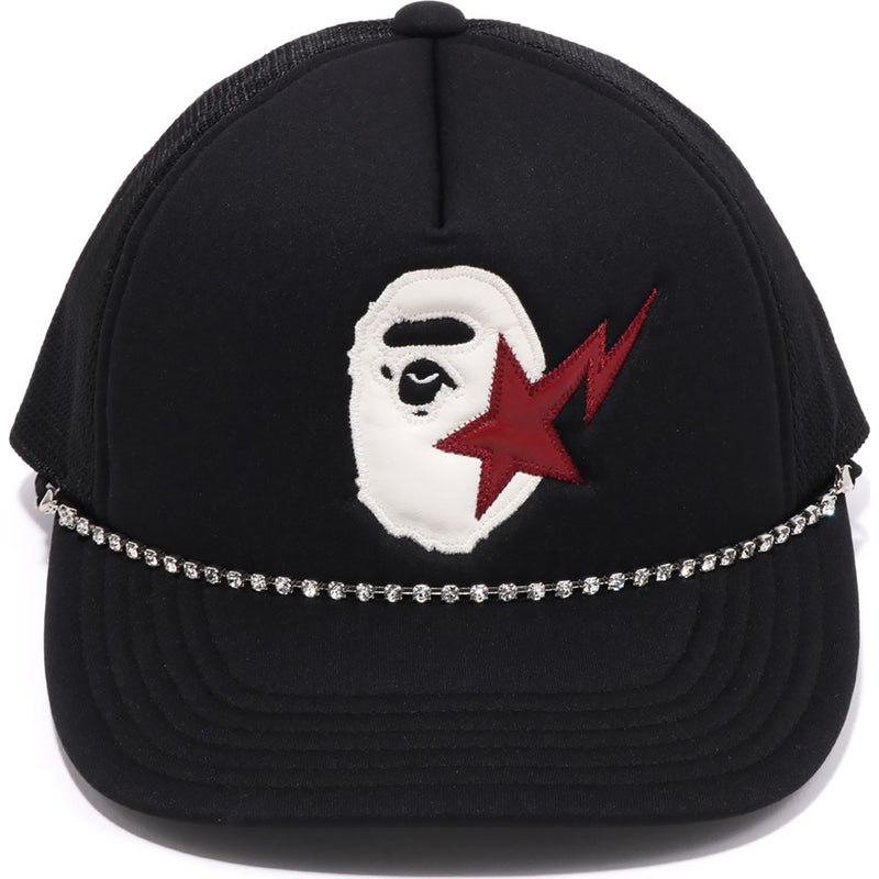 Men Bape Sta Ape Head Leather Patched Mesh Cap Caps Black USA | AH9528858