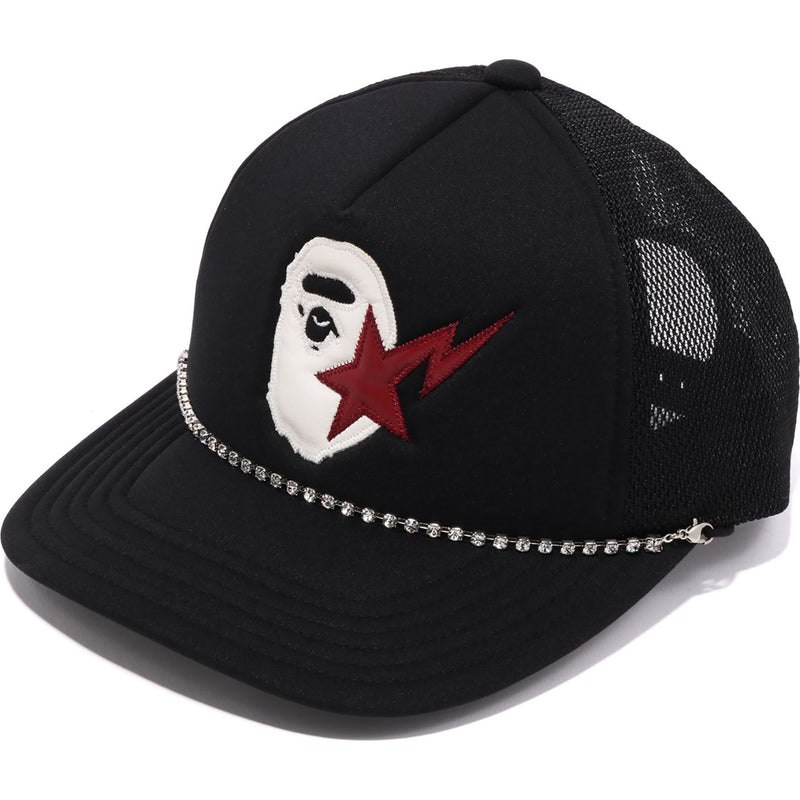 Men Bape Sta Ape Head Leather Patched Mesh Cap Caps Black USA | AH9528858