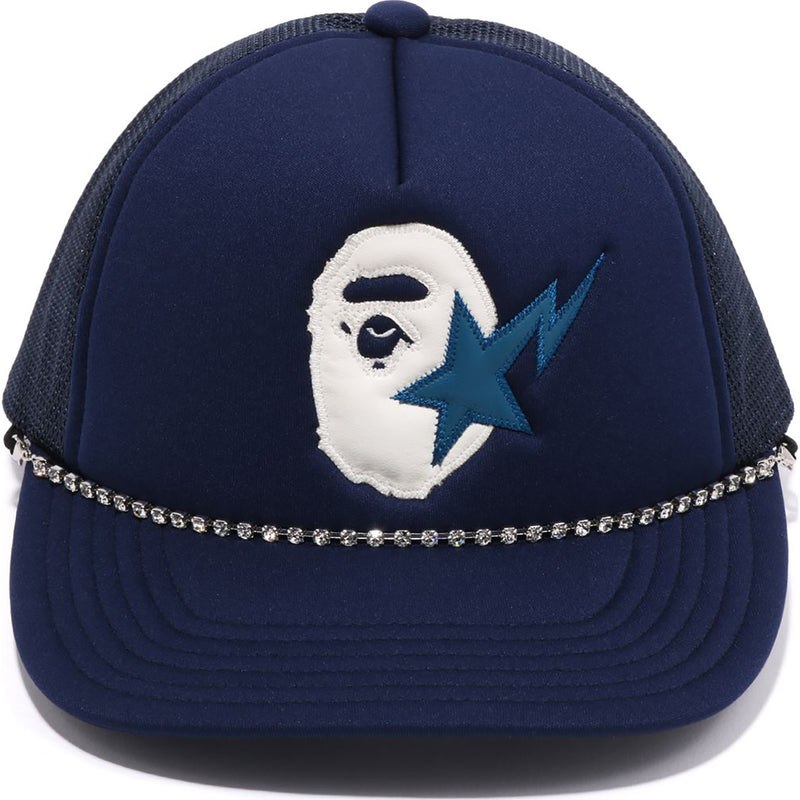 Men Bape Sta Ape Head Leather Patched Mesh Cap Caps Blue USA | NA4953093