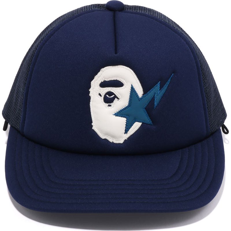 Men Bape Sta Ape Head Leather Patched Mesh Cap Caps Blue USA | NA4953093