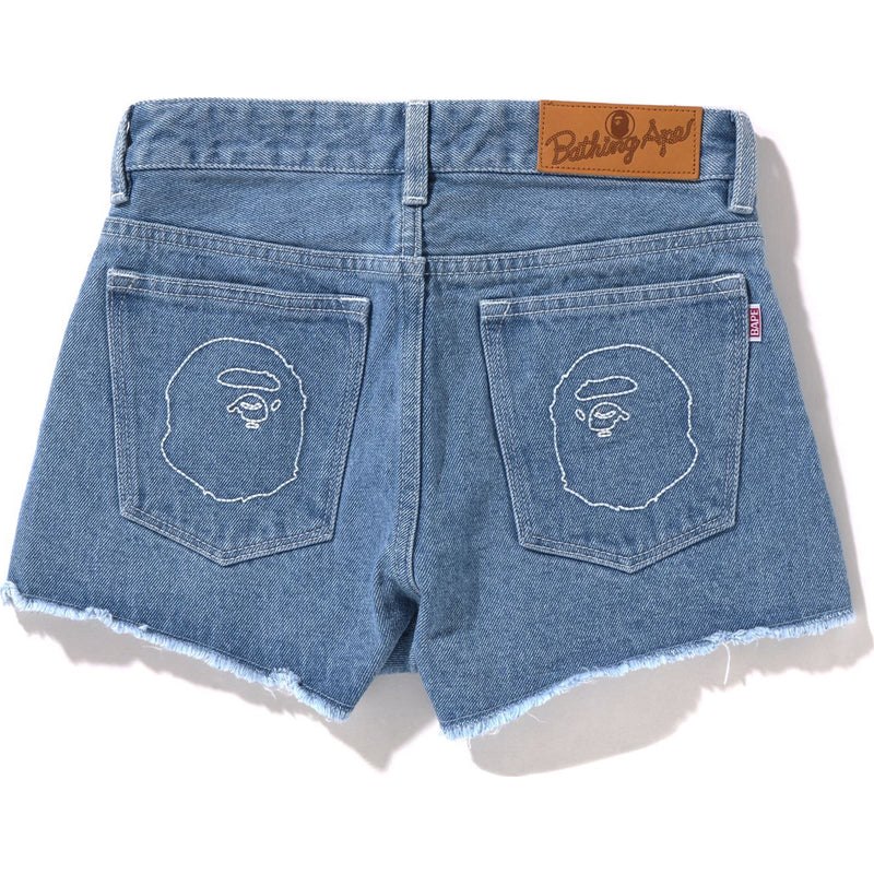 Women Bape Ape Head Stitched Denim Shorts Shorts Light Indigo USA | UJ8302732